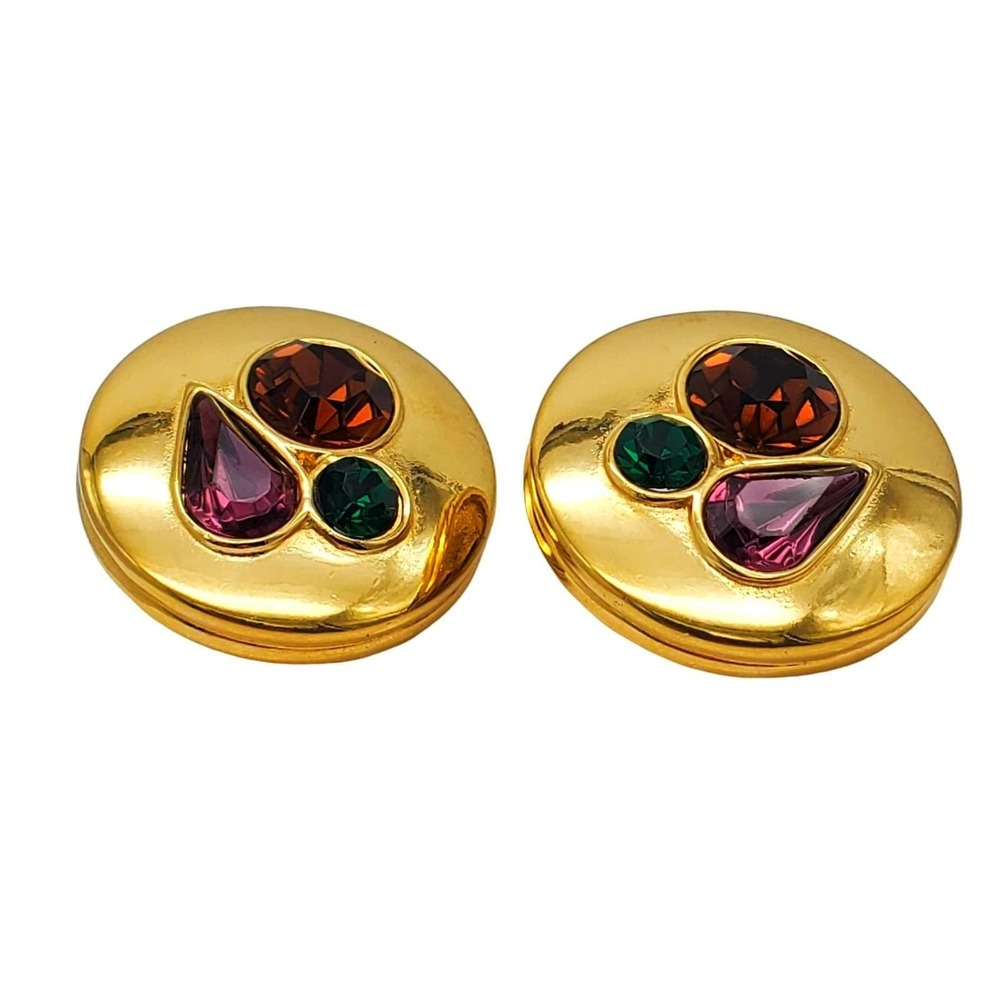 Givenchy Clip On Earrings Gold Tone Multicolor Rhinestone Vintage Paris Designer
